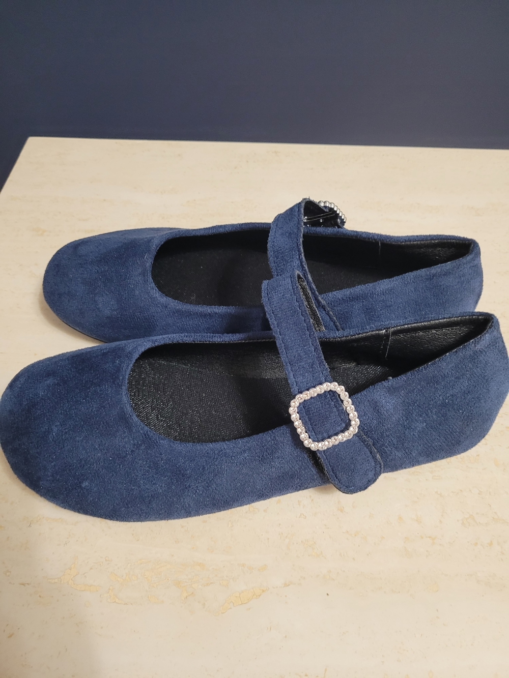 047 Chic Navy Faux-Suede Mary Jane Flats - Rhinestone Buckles, EU 37 / US 6.5-7 - Picture 4 of 12